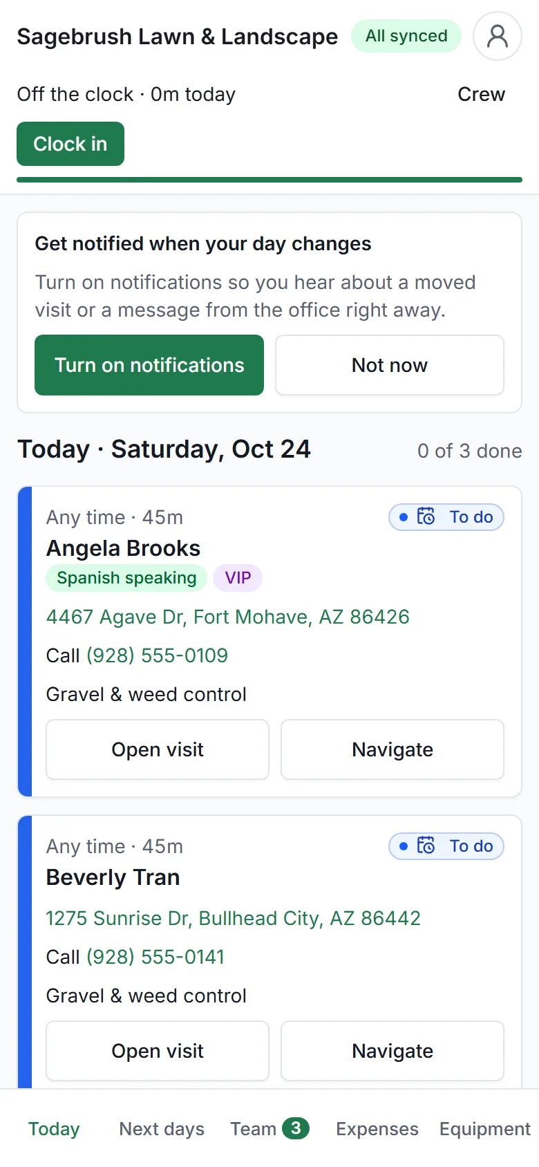 A crew member's visits for today on a phone.