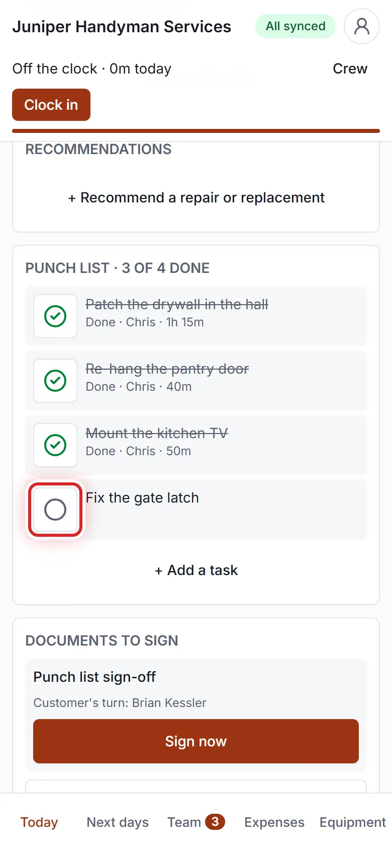 A punch list on a phone.